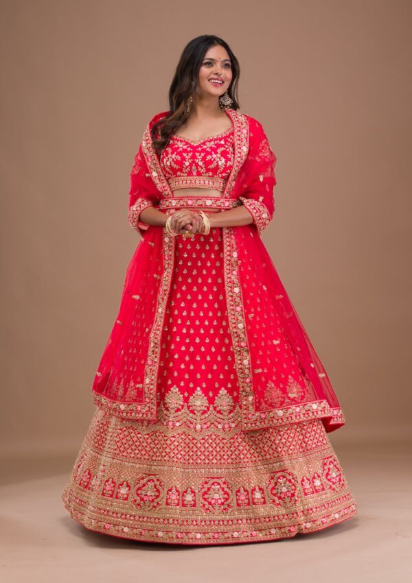 Red Zariwork Raw Silk Readymade Lehenga