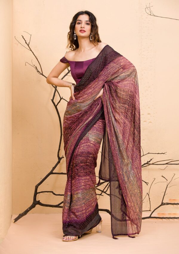 Wine Chiffon Designer Saree