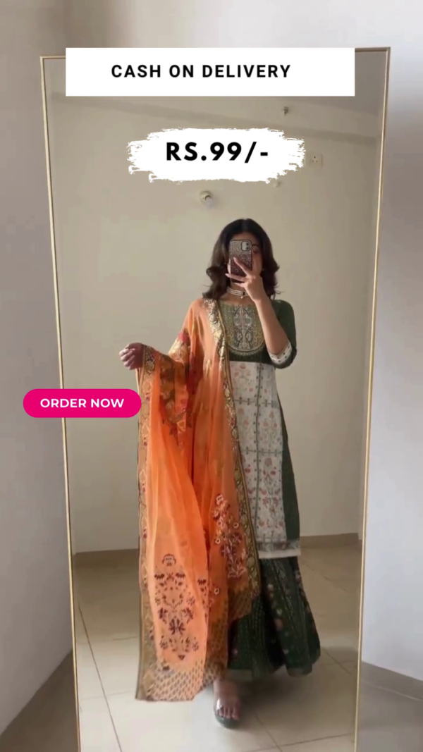 Green Festive kurta, Skirt & Dupatta Set