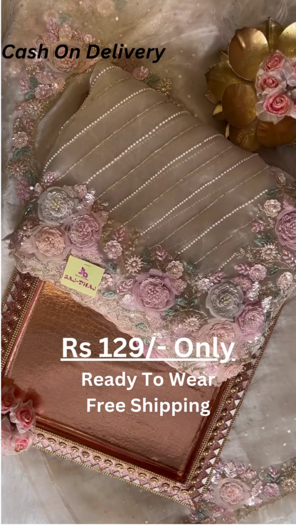 Elegant Orange Net Fabric Saree with Heavy Embroidery, Sequins, and Appliqué Work