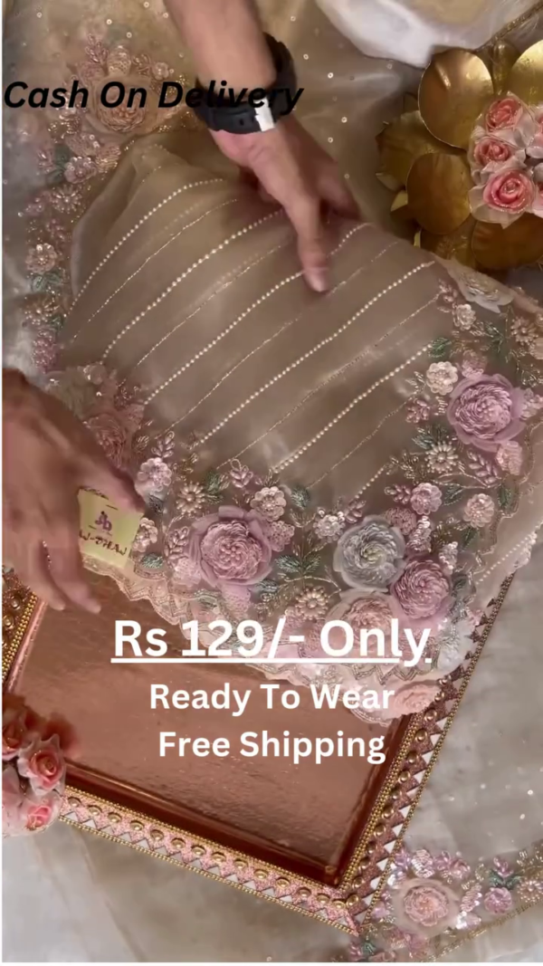 Elegant Orange Net Fabric Saree with Heavy Embroidery, Sequins, and Appliqué Work - Image 2