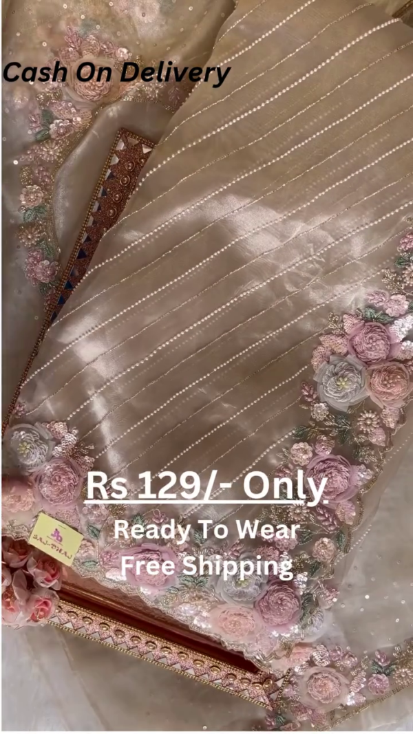 Elegant Orange Net Fabric Saree with Heavy Embroidery, Sequins, and Appliqué Work - Image 3