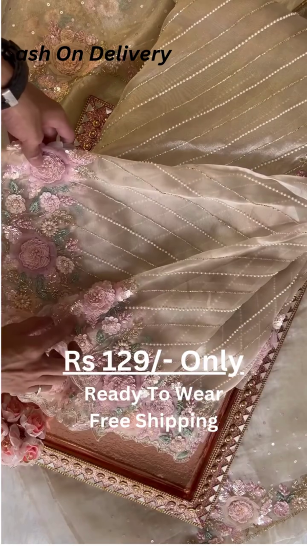 Elegant Orange Net Fabric Saree with Heavy Embroidery, Sequins, and Appliqué Work - Image 4