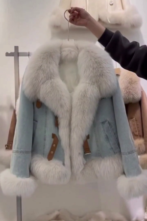 Winter Warm Loose Denim Jacket Women Fur Collar Padded Jacket Vintage Cotton Thick Warm Jean Outwear