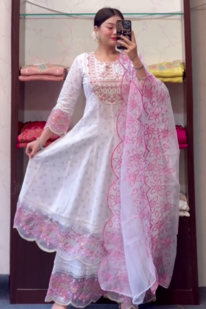 Embroidered Pure Cotton Round Neck Kurta & Sharara With Dupatta