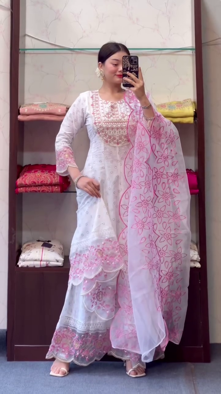 Embroidered Pure Cotton Round Neck Kurta & Sharara With Dupatta - Image 4