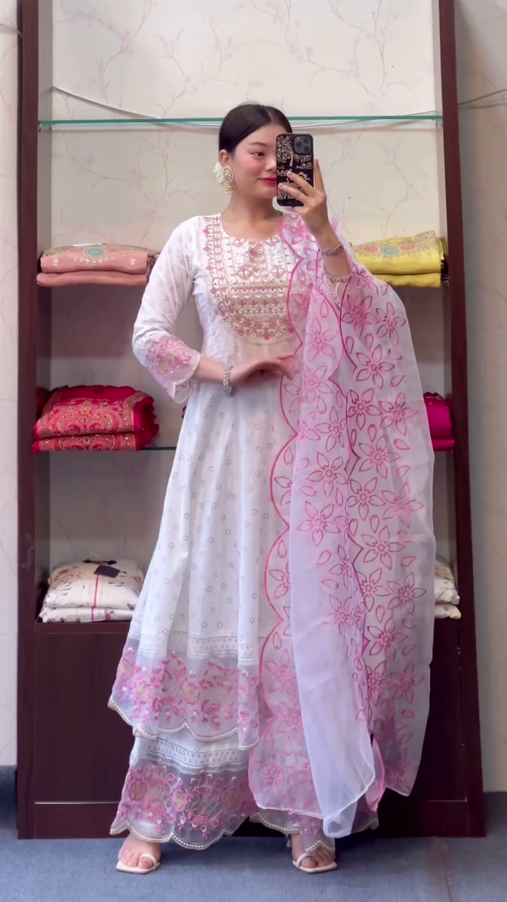 Embroidered Pure Cotton Round Neck Kurta & Sharara With Dupatta - Image 3