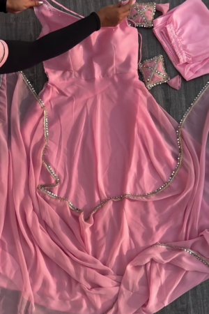 Women's Georgette Embroidered Anarkali Sleeveless Morni Gown and Dupatta with Elegant Design