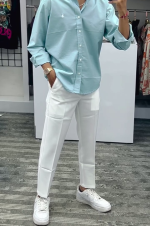 Men's Cotton Shirt - Small Lion Embroidery, Slim Fit, Full Button