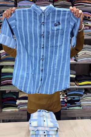 Men Blue Denim Slim Fit Striped Casual Shirt