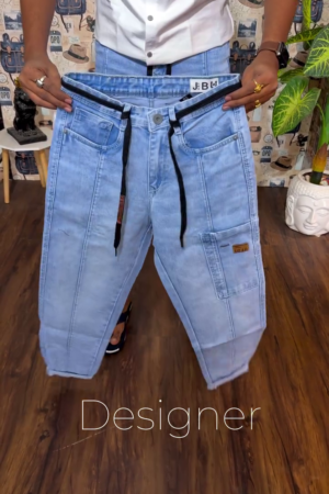 Men Ice Blue Baggy Fit Travel Stretchable Cargo Jeans With 8 Pockets