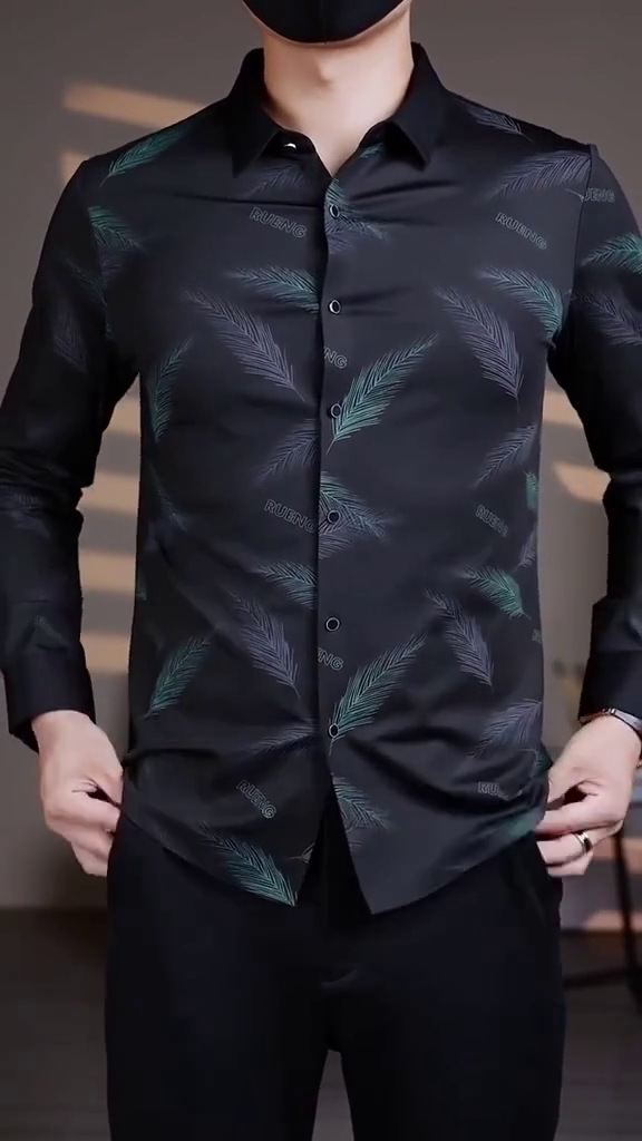 Men’s Business Casual Printed Long-Sleeved Shirt
