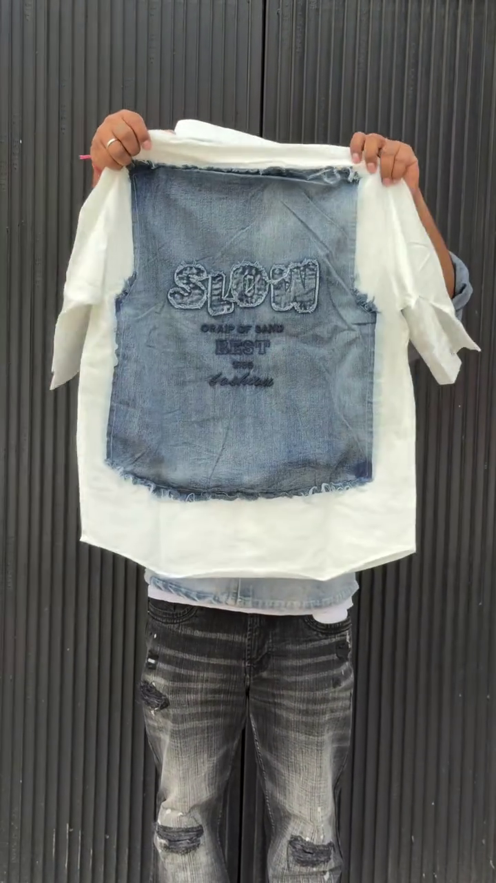 Colourblocked Drop-Shoulder Sleeves Relaxed Fit Denim Casual Shirt - Image 2