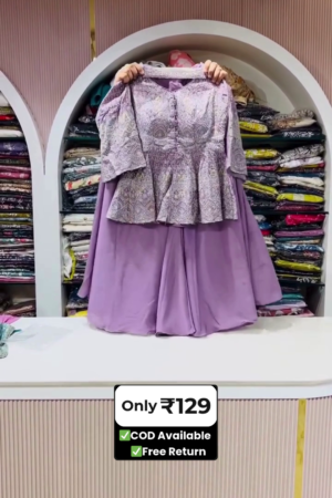 Purple Colored Cotton Floral Printed Short Dress with Bell Sleeves