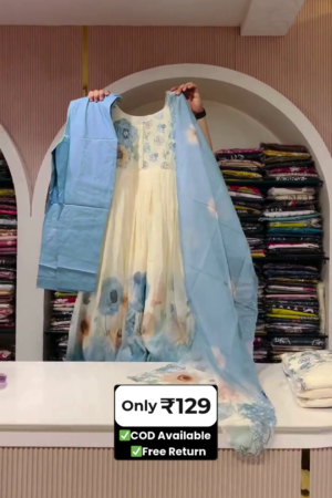Women's Designer Kali Cut Fully Flared Anarkali Gown Set with Dupatta & Pant | Soft Organza Silk Print with Badla Jari Handwork | Festive, Party