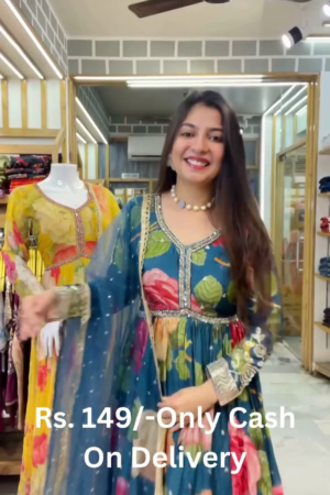 Women's Chiffon Round Neck 3/4 Sleeve Embroidery Lace Floral Printed Frock Suit Floor Length with Dupatta and Belt