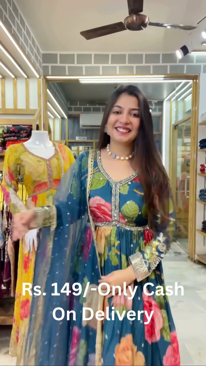 Women's Chiffon Round Neck 3/4 Sleeve Embroidery Lace Floral Printed Frock Suit Floor Length with Dupatta and Belt