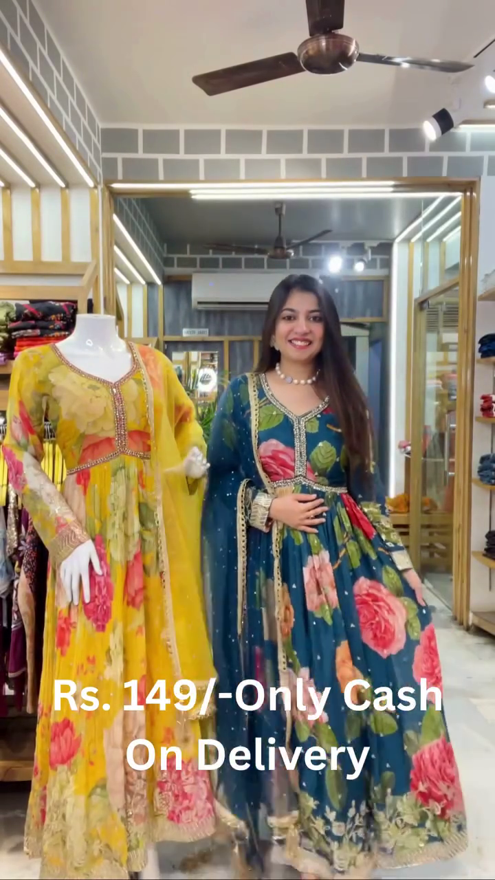 Women's Chiffon Round Neck 3/4 Sleeve Embroidery Lace Floral Printed Frock Suit Floor Length with Dupatta and Belt - Image 7
