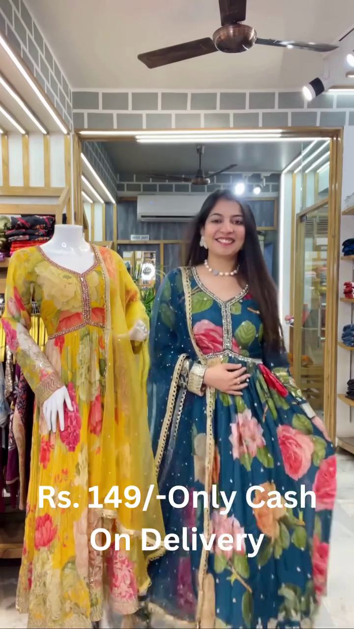Women's Chiffon Round Neck 3/4 Sleeve Embroidery Lace Floral Printed Frock Suit Floor Length with Dupatta and Belt - Image 6