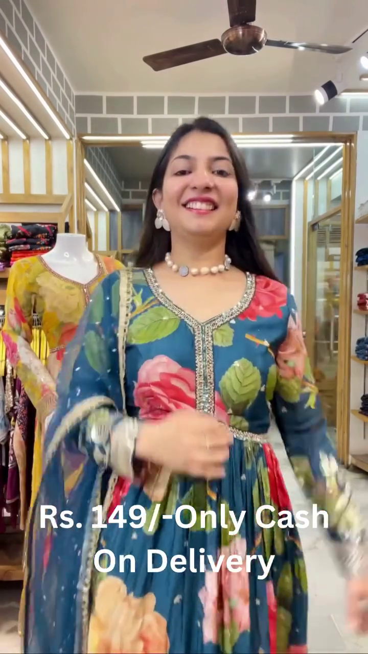 Women's Chiffon Round Neck 3/4 Sleeve Embroidery Lace Floral Printed Frock Suit Floor Length with Dupatta and Belt - Image 5