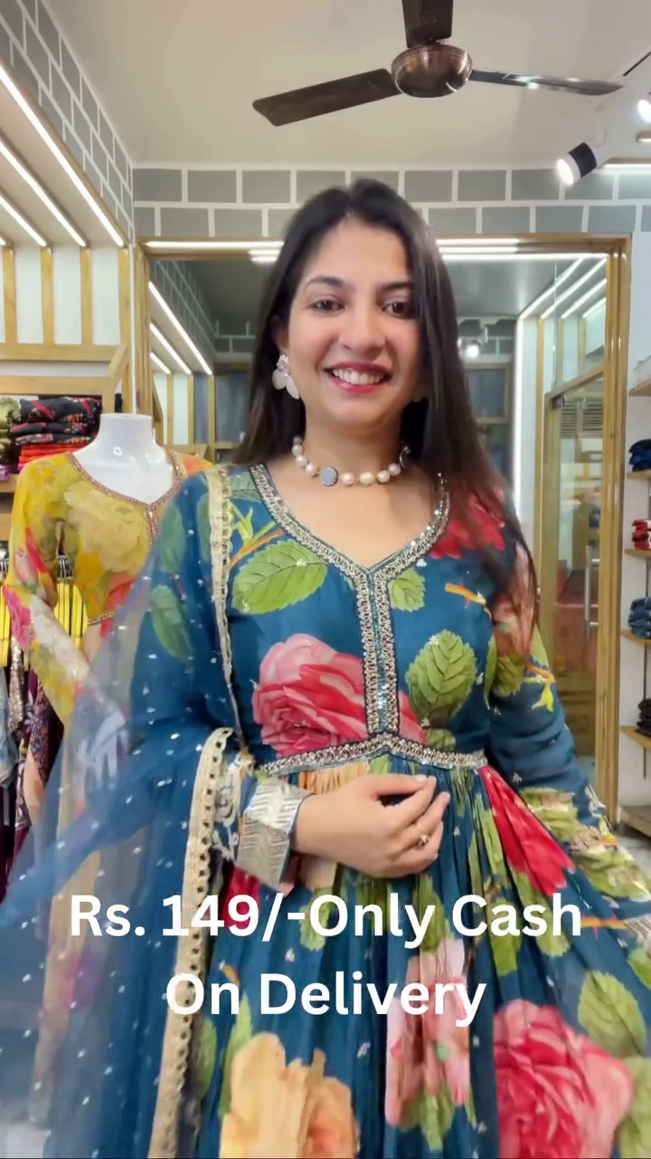 Women's Chiffon Round Neck 3/4 Sleeve Embroidery Lace Floral Printed Frock Suit Floor Length with Dupatta and Belt - Image 4