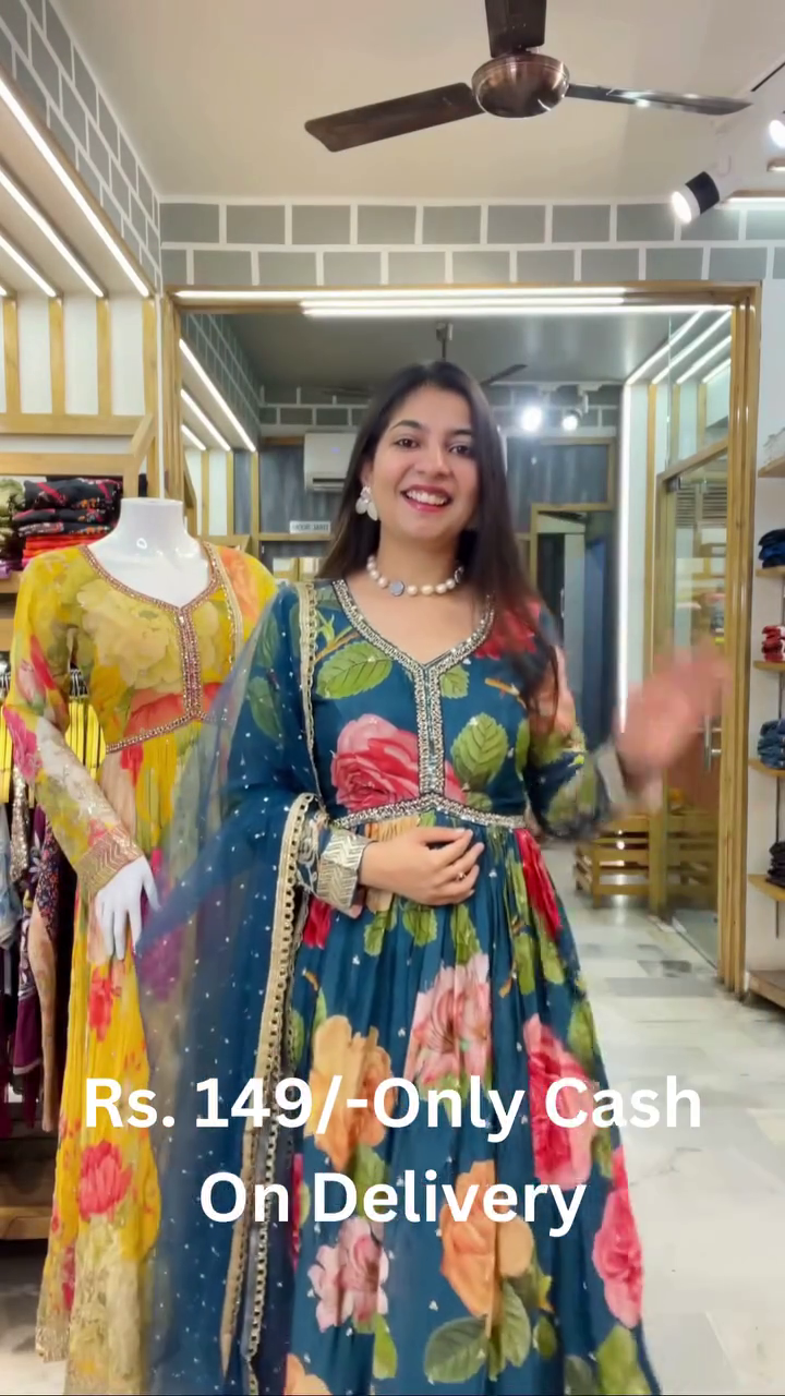 Women's Chiffon Round Neck 3/4 Sleeve Embroidery Lace Floral Printed Frock Suit Floor Length with Dupatta and Belt - Image 3