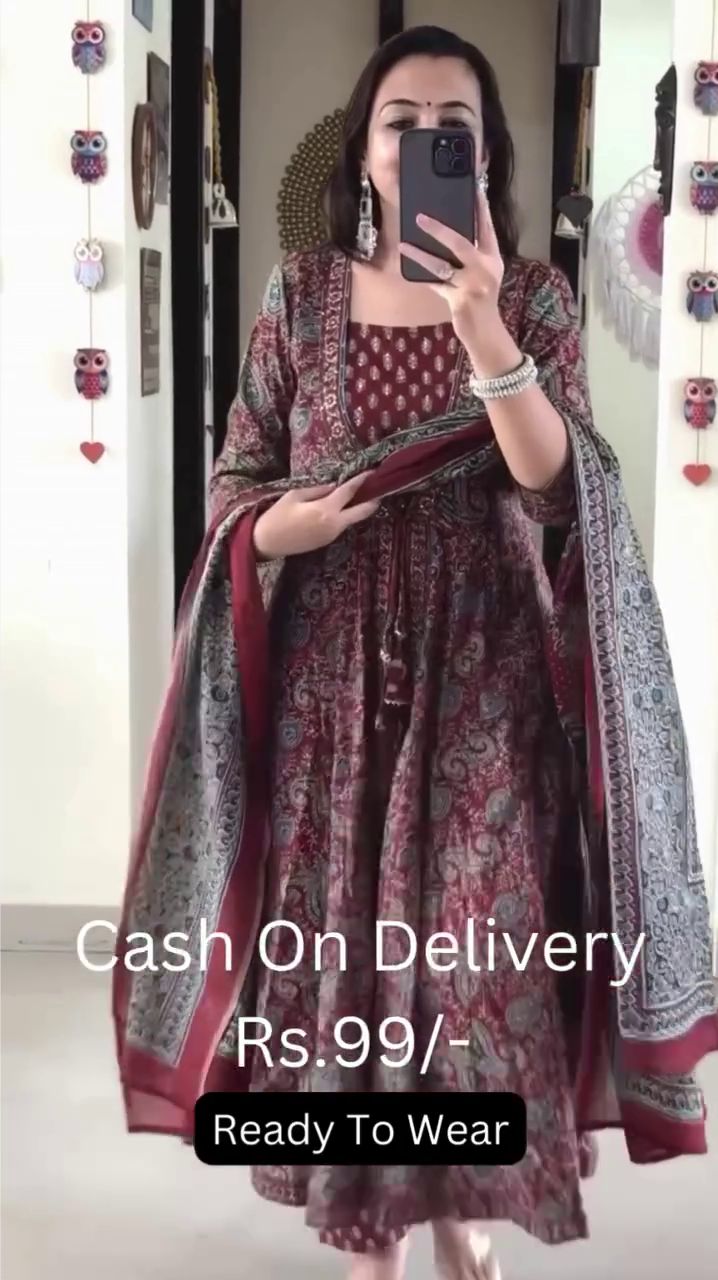 Floral Printed Long Sleeves Anarkali Kurta With Trousers & Dupatta - Image 2
