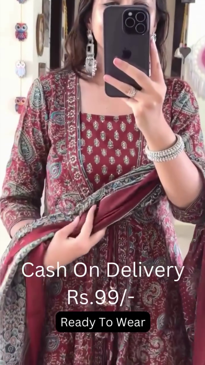 Floral Printed Long Sleeves Anarkali Kurta With Trousers & Dupatta - Image 12