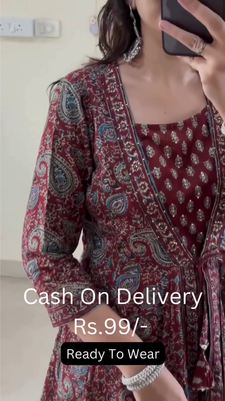 Floral Printed Long Sleeves Anarkali Kurta With Trousers & Dupatta - Image 11