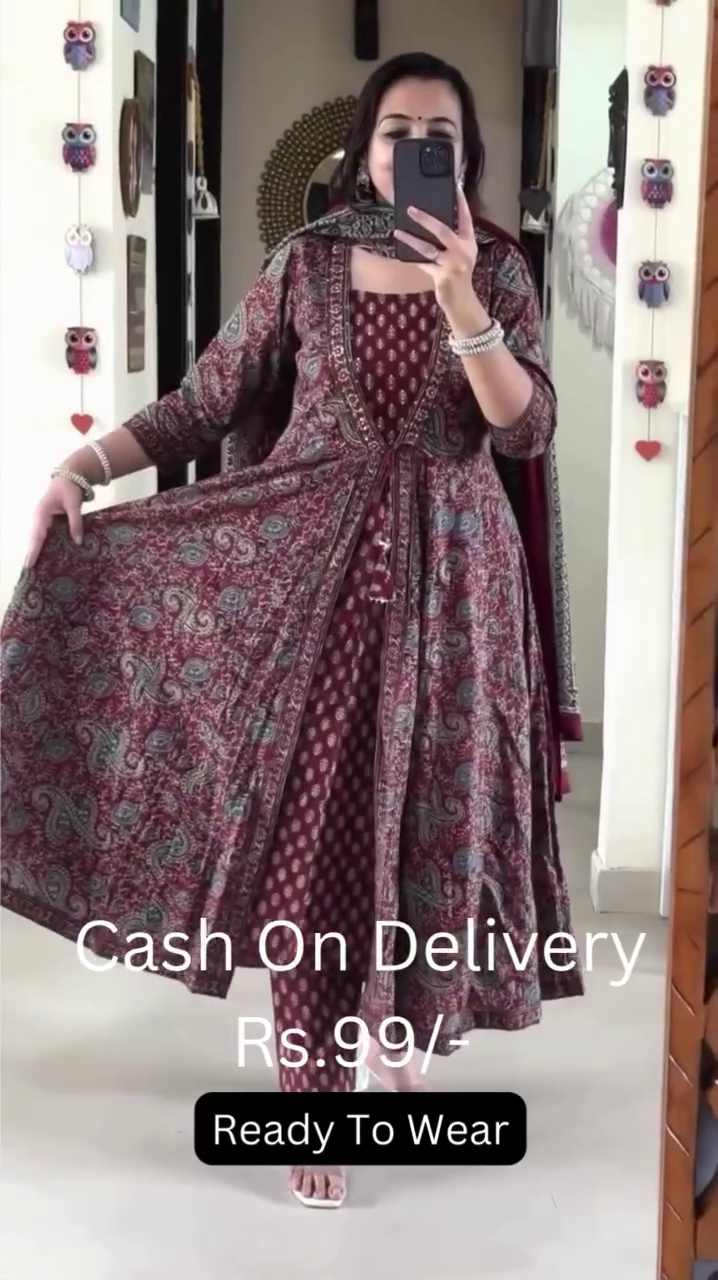 Floral Printed Long Sleeves Anarkali Kurta With Trousers & Dupatta - Image 9