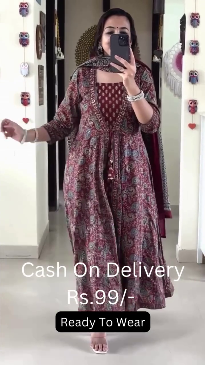 Floral Printed Long Sleeves Anarkali Kurta With Trousers & Dupatta - Image 8