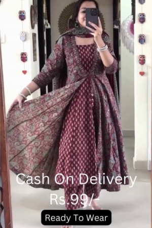 Floral Printed Long Sleeves Anarkali Kurta With Trousers & Dupatta