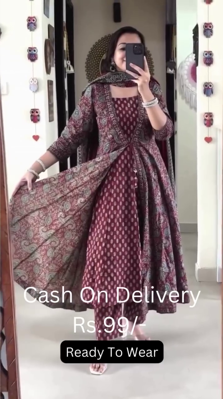 Floral Printed Long Sleeves Anarkali Kurta With Trousers & Dupatta
