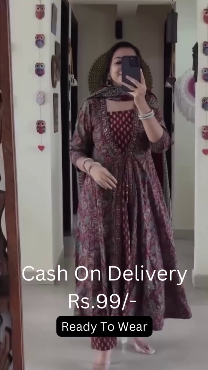 Floral Printed Long Sleeves Anarkali Kurta With Trousers & Dupatta - Image 6
