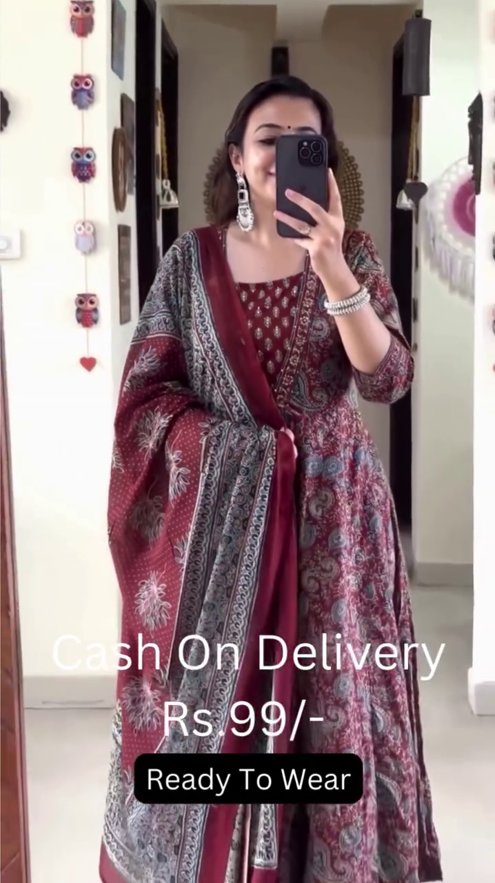 Floral Printed Long Sleeves Anarkali Kurta With Trousers & Dupatta - Image 4
