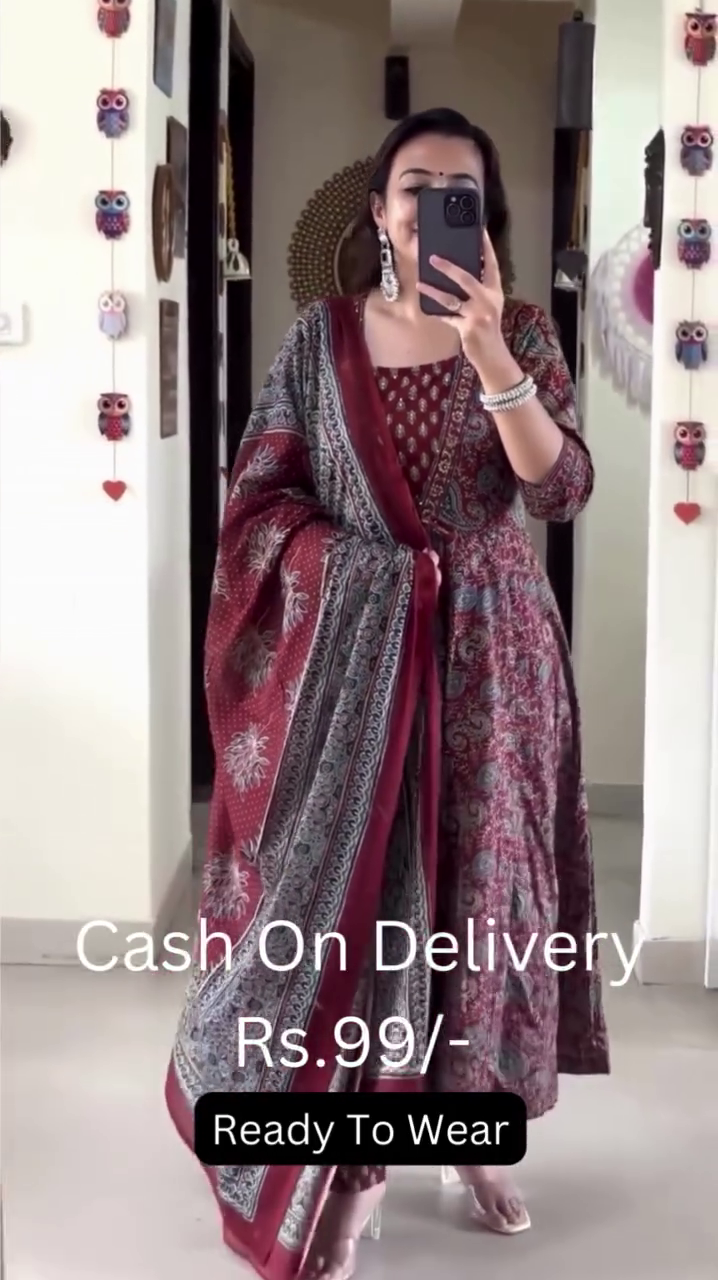 Floral Printed Long Sleeves Anarkali Kurta With Trousers & Dupatta - Image 3